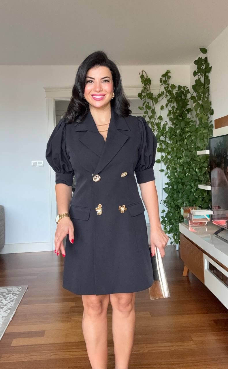 BALLOON SLEEVE BROOCH DETAIL BLAZER DRESS - BLACK