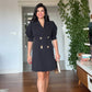 BALLOON SLEEVE BROOCH DETAIL BLAZER DRESS - BLACK