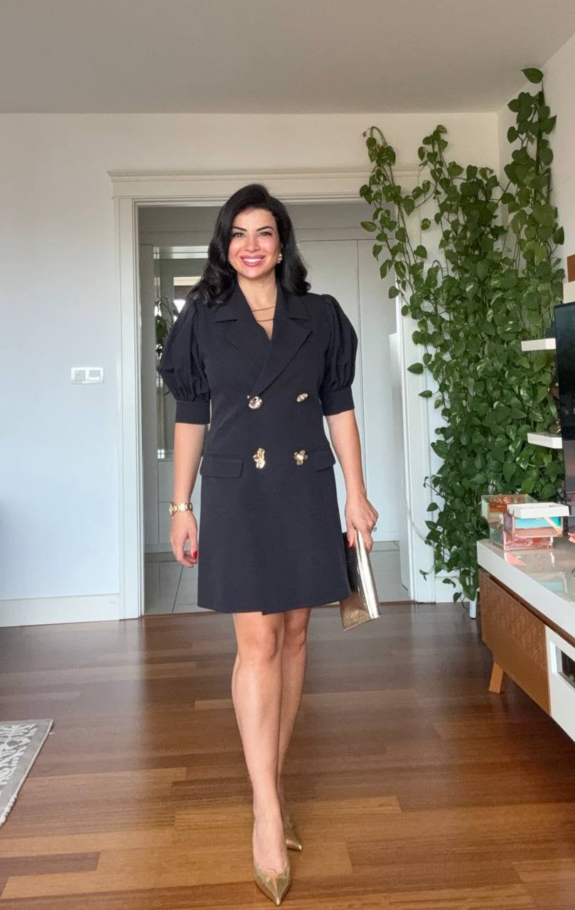 BALLOON SLEEVE BROOCH DETAIL BLAZER DRESS - BLACK