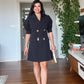 BALLOON SLEEVE BROOCH DETAIL BLAZER DRESS - BLACK