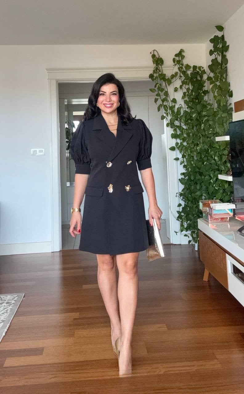 BALLOON SLEEVE BROOCH DETAIL BLAZER DRESS - BLACK