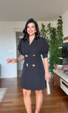 BALLOON SLEEVE BROOCH DETAIL BLAZER DRESS - BLACK