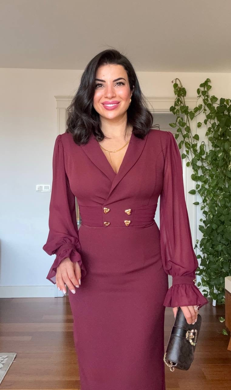 DOUBLE BUTTON DRESS - BURGUNDY