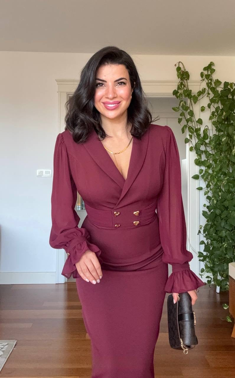 DOUBLE BUTTON DRESS - BURGUNDY
