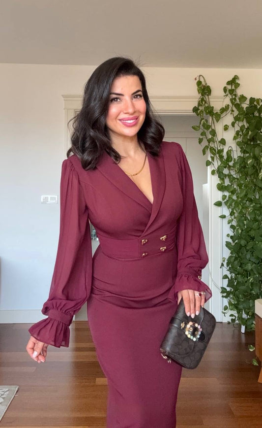 DOUBLE BUTTON DRESS - BURGUNDY