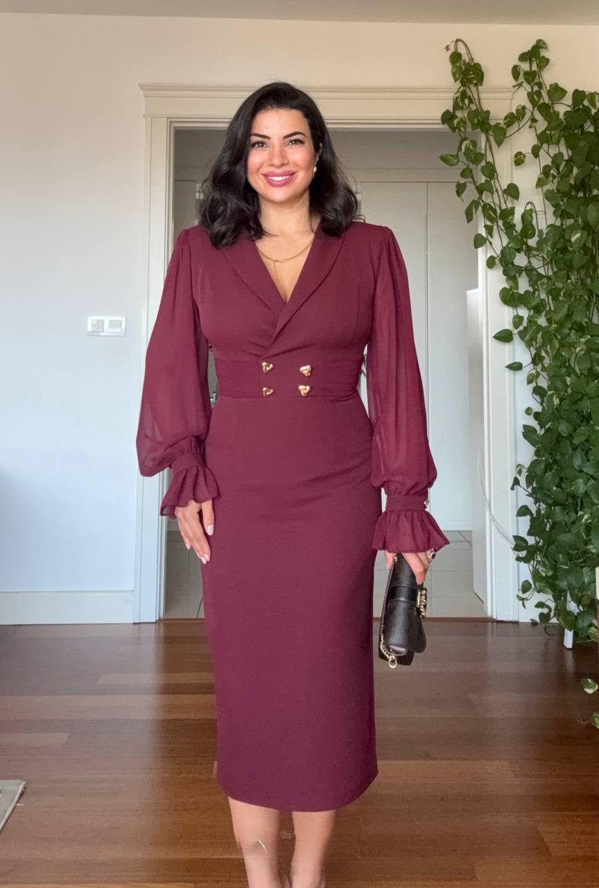 DOUBLE BUTTON DRESS - BURGUNDY