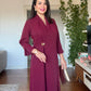 SHAWL COLLAR GOLD BUCKLE DETAIL FLOWY MAXI DRESS - BURGUNDY