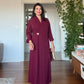 SHAWL COLLAR GOLD BUCKLE DETAIL FLOWY MAXI DRESS - BURGUNDY