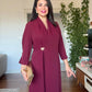 SHAWL COLLAR GOLD BUCKLE DETAIL FLOWY MAXI DRESS - BURGUNDY