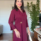 SHAWL COLLAR GOLD BUCKLE DETAIL FLOWY MAXI DRESS - BURGUNDY
