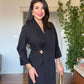 SHAWL COLLAR GOLD BUCKLE DETAIL FLOWY MAXI DRESS - BLACK