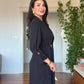 SHAWL COLLAR GOLD BUCKLE DETAIL FLOWY MAXI DRESS - BLACK