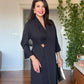 SHAWL COLLAR GOLD BUCKLE DETAIL FLOWY MAXI DRESS - BLACK