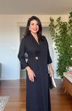 SHAWL COLLAR GOLD BUCKLE DETAIL FLOWY MAXI DRESS - BLACK