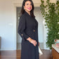 SHAWL COLLAR GOLD BUCKLE DETAIL FLOWY MAXI DRESS - BLACK