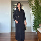 SHAWL COLLAR GOLD BUCKLE DETAIL FLOWY MAXI DRESS - BLACK