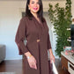 SHAWL COLLAR GOLD BUCKLE DETAIL FLOWY MAXI DRESS - MOCHA BROWN