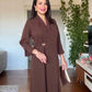 SHAWL COLLAR GOLD BUCKLE DETAIL FLOWY MAXI DRESS - MOCHA BROWN