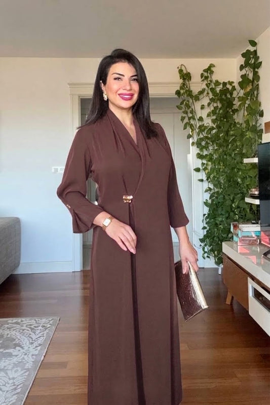 SHAWL COLLAR GOLD BUCKLE DETAIL FLOWY MAXI DRESS - MOCHA BROWN