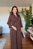 SHAWL COLLAR GOLD BUCKLE DETAIL FLOWY MAXI DRESS - MOCHA BROWN