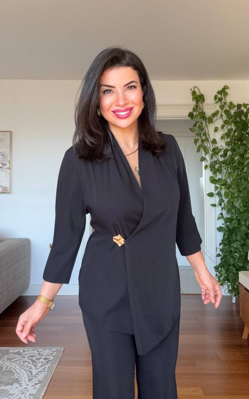 GOLD BUCKLE DETAIL CROSSOVER BLAZER SET - BLACK