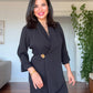 GOLD BUCKLE DETAIL CROSSOVER BLAZER SET - BLACK