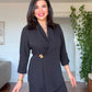 GOLD BUCKLE DETAIL CROSSOVER BLAZER SET - BLACK