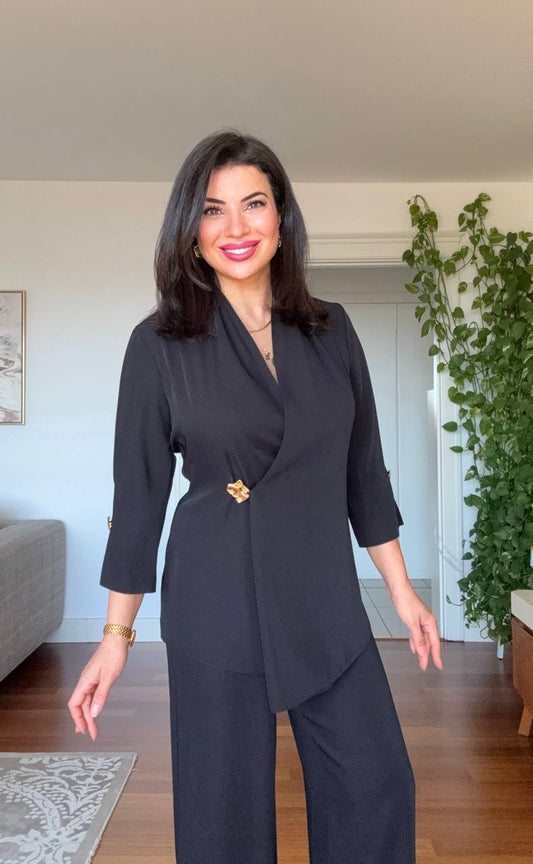 GOLD BUCKLE DETAIL CROSSOVER BLAZER SET - BLACK