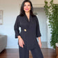 GOLD BUCKLE DETAIL CROSSOVER BLAZER SET - BLACK