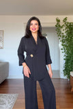GOLD BUCKLE DETAIL CROSSOVER BLAZER SET - BLACK