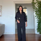 GOLD BUCKLE DETAIL CROSSOVER BLAZER SET - BLACK