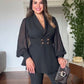BALLOON SLEEVE BELTED BLAZER SET - BLACK