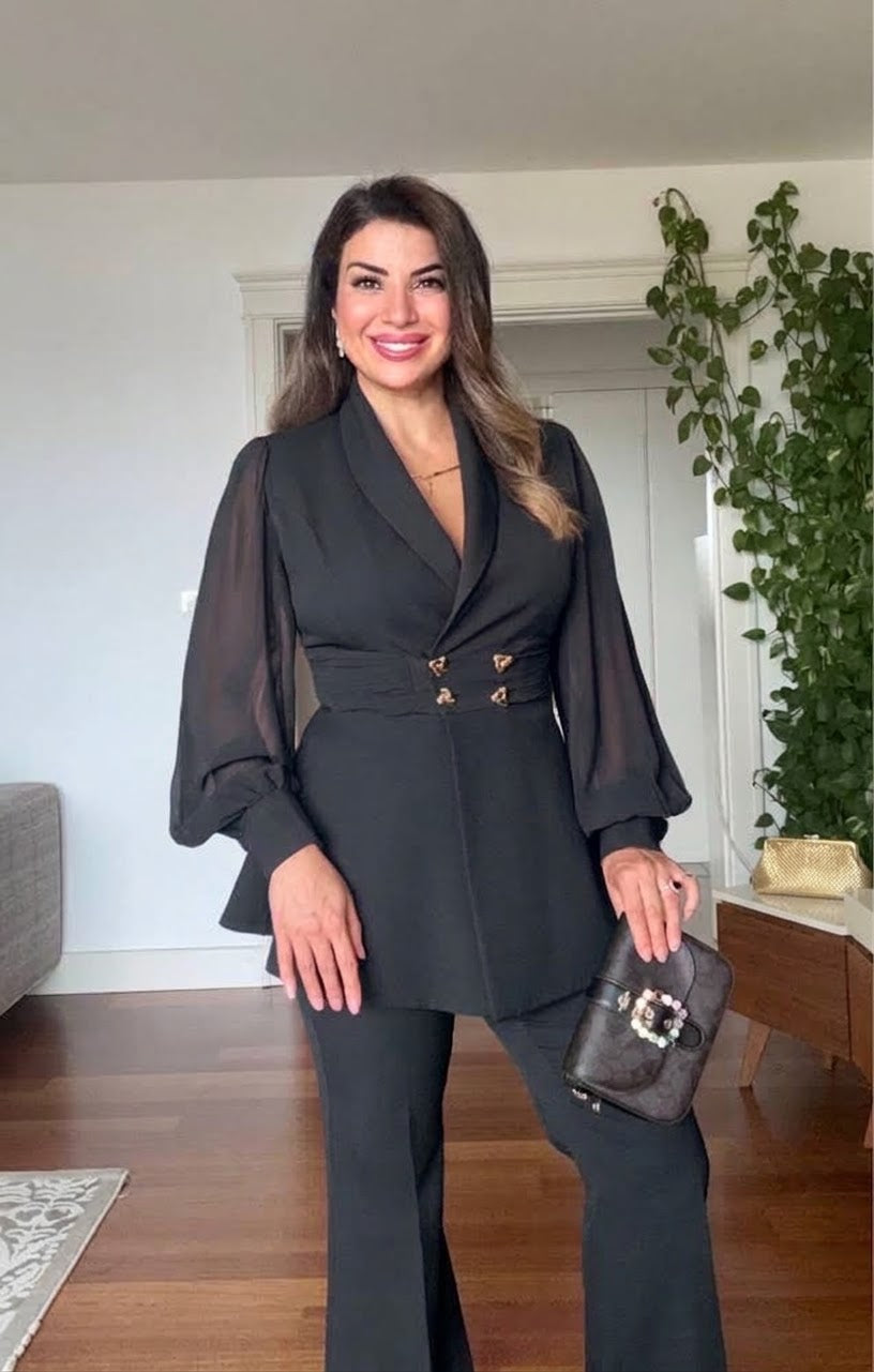 BALLOON SLEEVE BELTED BLAZER SET - BLACK