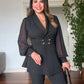 BALLOON SLEEVE BELTED BLAZER SET - BLACK