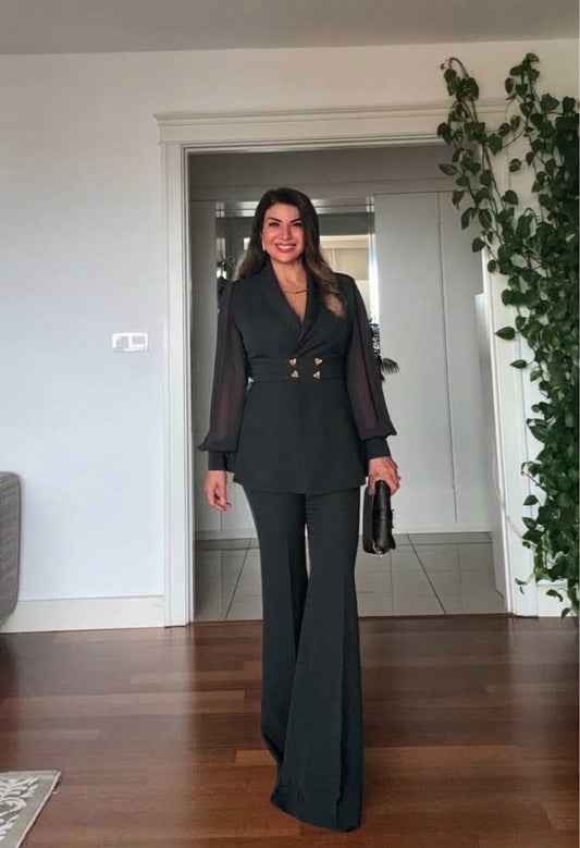 BALLOON SLEEVE BELTED BLAZER SET - BLACK