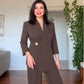 GOLD BUCKLE DETAIL CROSSOVER BLAZER SET - MOCHA BROWN