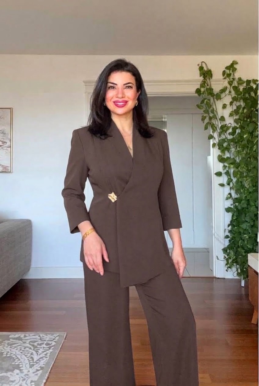 GOLD BUCKLE DETAIL CROSSOVER BLAZER SET - MOCHA BROWN