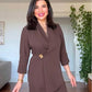 GOLD BUCKLE DETAIL CROSSOVER BLAZER SET - MOCHA BROWN