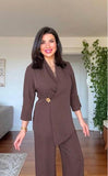 GOLD BUCKLE DETAIL CROSSOVER BLAZER SET - MOCHA BROWN
