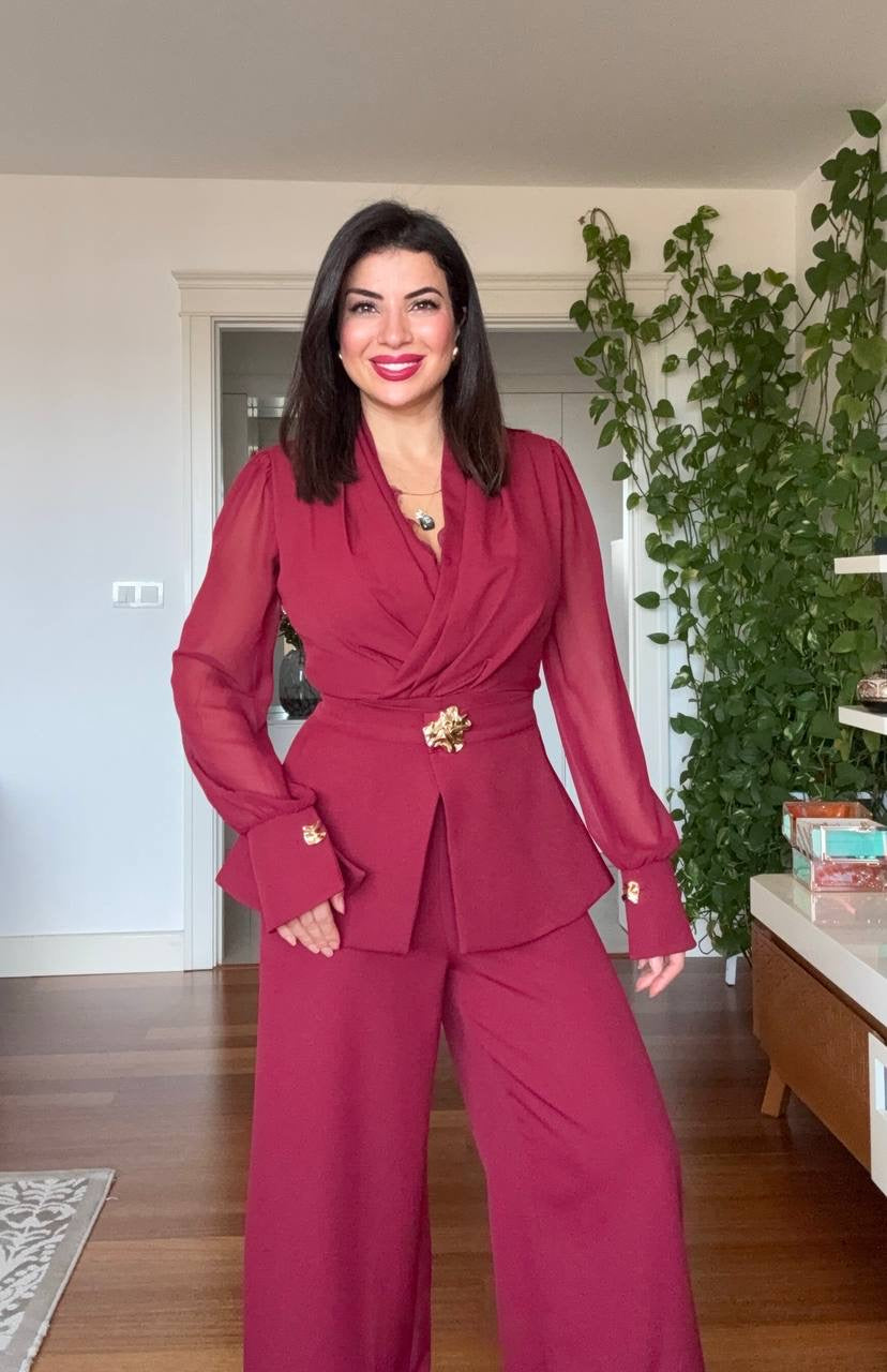 GOLD BUCKLE DETAIL BLAZER JUMPSUIT - BURGUNDY