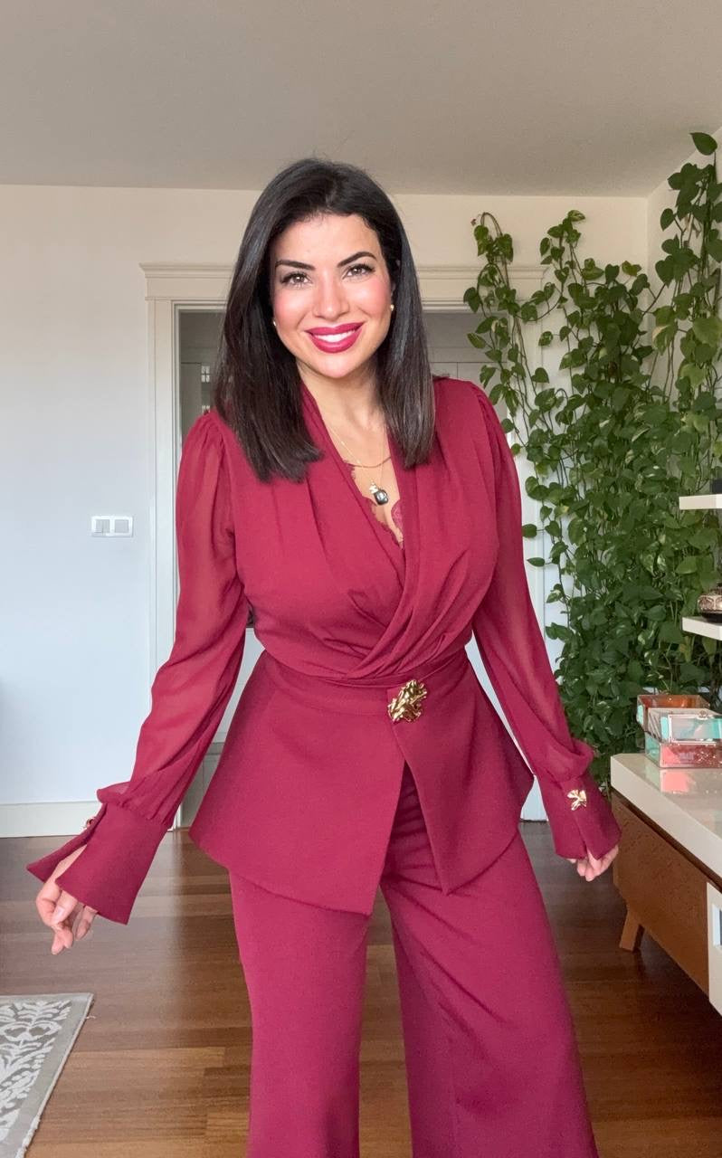 GOLD BUCKLE DETAIL BLAZER JUMPSUIT - BURGUNDY