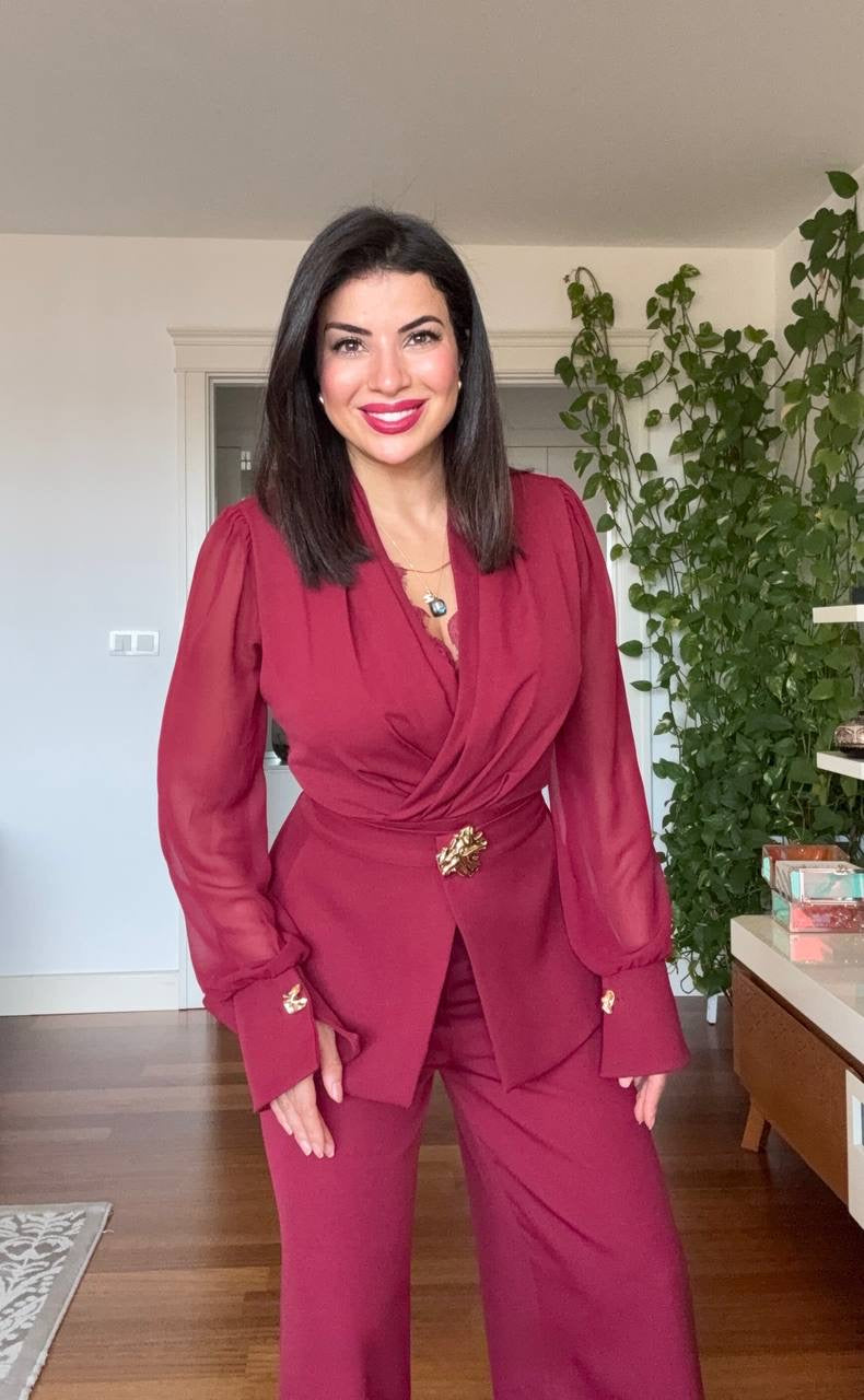 GOLD BUCKLE DETAIL BLAZER JUMPSUIT - BURGUNDY