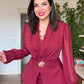 GOLD BUCKLE DETAIL BLAZER JUMPSUIT - BURGUNDY