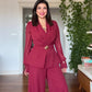 GOLD BUCKLE DETAIL BLAZER JUMPSUIT - BURGUNDY