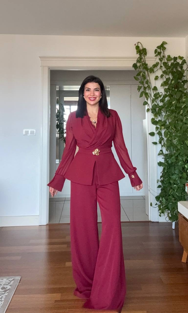 GOLD BUCKLE DETAIL BLAZER JUMPSUIT - BURGUNDY