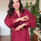 LACE-CUFFED BELTED MAXI DRESS BURGUNDY