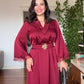 LACE-CUFFED BELTED MAXI DRESS BURGUNDY