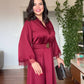 LACE-CUFFED BELTED MAXI DRESS BURGUNDY