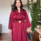 LACE-CUFFED BELTED MAXI DRESS BURGUNDY