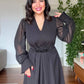 V-NECK MIDI DRESS WITH STONE-EMBELLISHED BELT - BLACK